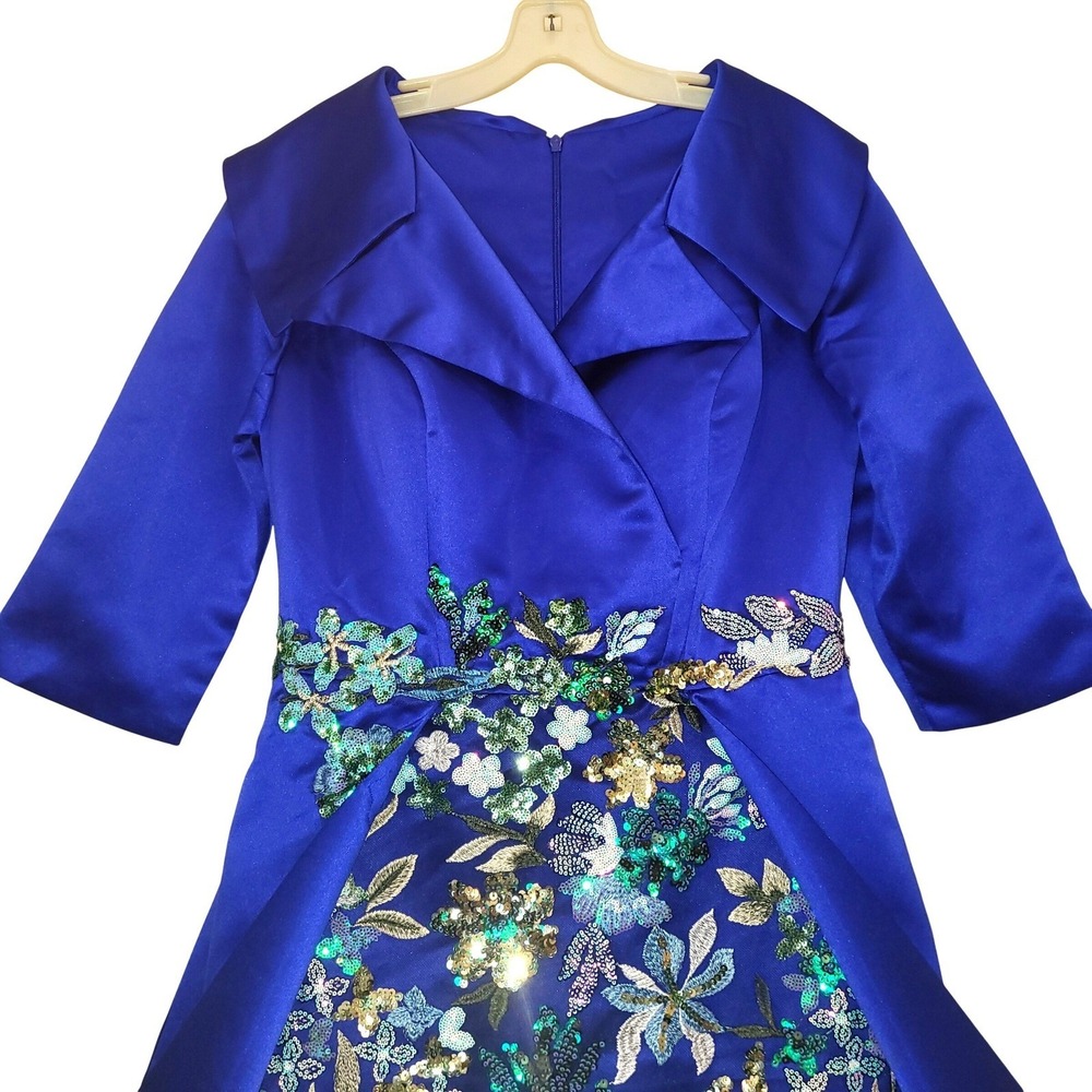 Glamora Royal Blue Satin Sheath Embroidered Sequin Gown Portrait Collar Train 8 - Picture 5 of 16